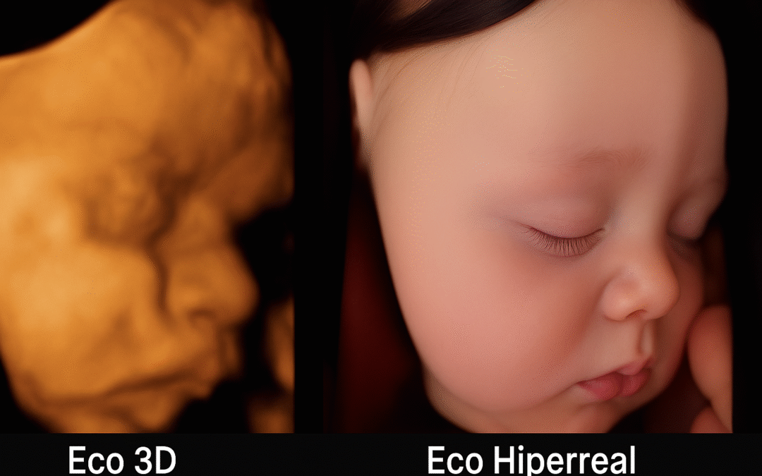 Comparación visual entre una ecografía 3D fetal y una ecografía emocional hiperrealista que muestra el rostro del bebé con gran detalle