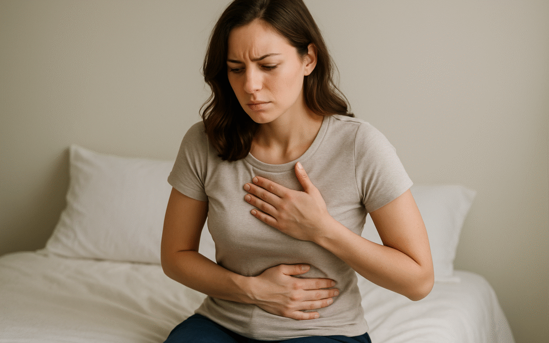 Mujer con la mano en el abdomen, confundida por síntomas leves que podrían ser signo de cáncer de ovario