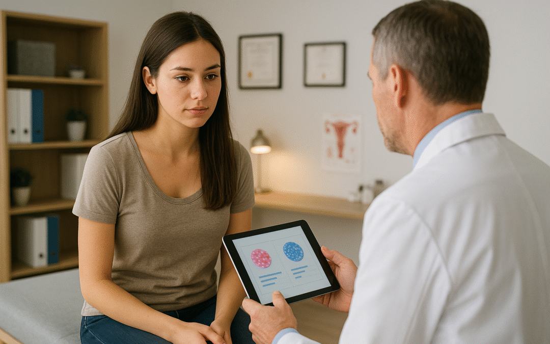 Mujer recibiendo información sobre la prueba de genotipificación del VPH durante una consulta ginecológica