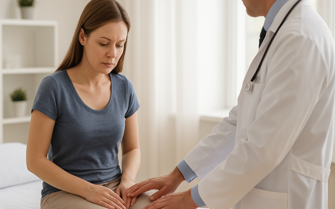 Mujer joven con expresión de malestar durante consulta ginecológica por dolor pélvico, mientras el médico examina su abdomen bajo