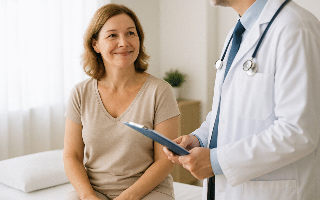 Mujer sonriente en consulta médica tras histerectomía, acompañada por su ginecólogo