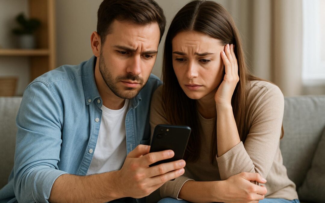 Pareja preocupada revisando su celular mientras esperan resultados médicos de fertilidad en 2025