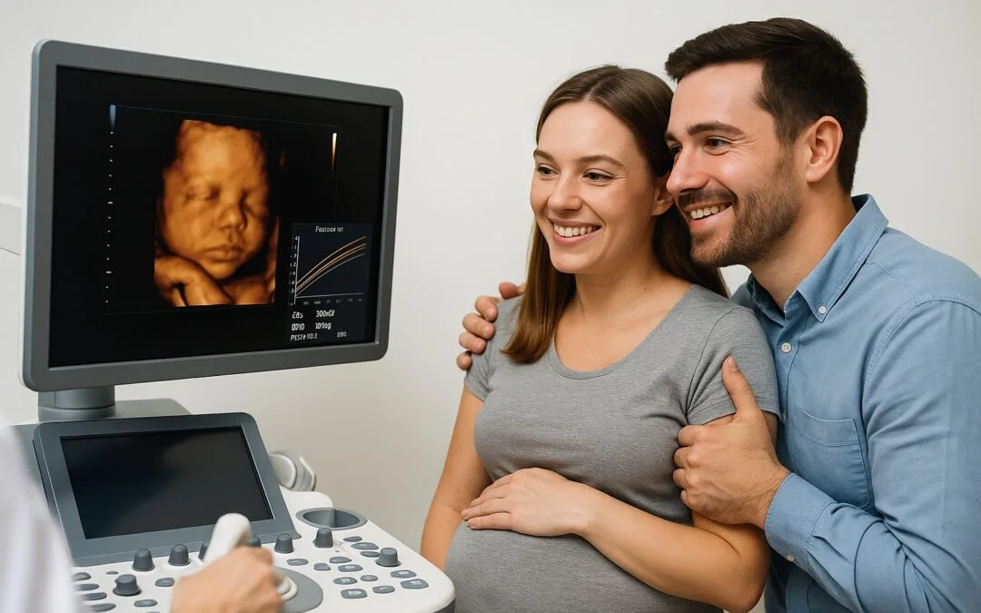 Pareja embarazada sonriendo mientras observa en el monitor la ecografía 3D del bebé junto a una gráfica de crecimiento fetal durante una consulta en Quito