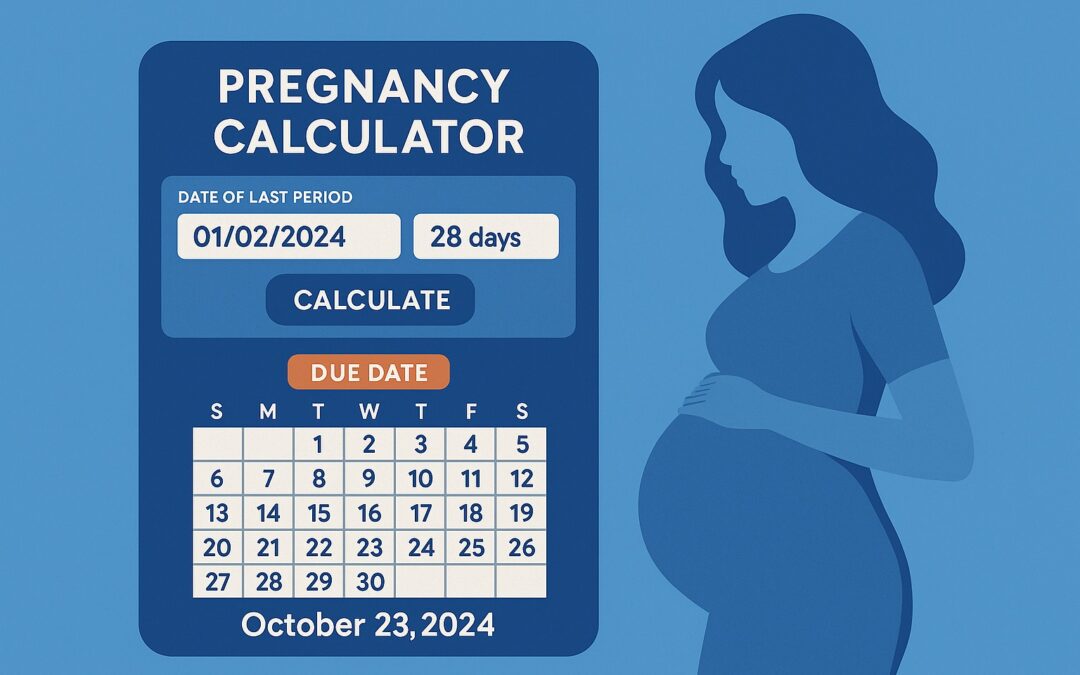 Ilustración digital de una calculadora de embarazo con calendario que estima semanas de gestación y fecha probable de parto