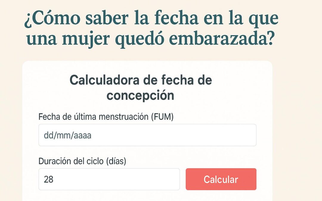 Gráfico en español con el título “¿Cómo saber la fecha en la que una mujer quedó embarazada?” y una calculadora de concepción con campos de FUM y duración del ciclo.