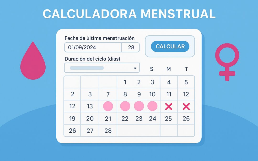 Ilustración digital de una calculadora menstrual con calendario, fecha de última menstruación y duración del ciclo para estimar ovulación y días fértiles