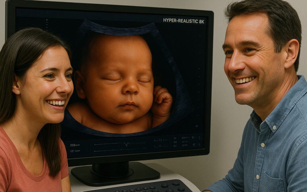Ecografía hiperrealista 8K generada con inteligencia artificial que muestra el rostro del bebé en el embarazo, con detalle realista y emoción para los padres.