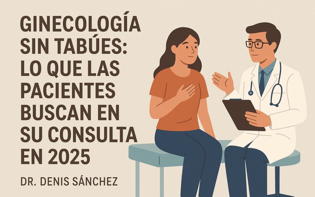 Ilustración de una paciente conversando con su ginecólogo de manera cercana y respetuosa, representando una consulta sin tabúes en 2025.