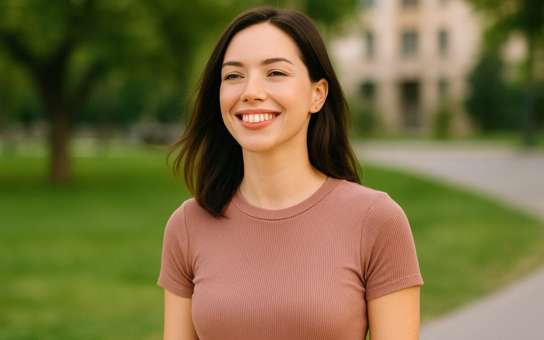 Mujer joven al aire libre sonriendo, representando la confianza y el bienestar tras normalizar la ninfoplastia láser como cuidado de salud íntima