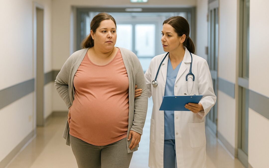 Mujer embarazada con sobrepeso acompañada por una doctora en un hospital durante control prenatal