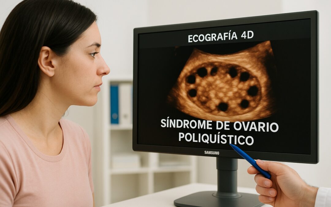 Mujer observando una pantalla con ecografía 4D que muestra síndrome de ovario poliquístico, en un consultorio ginecológico moderno.