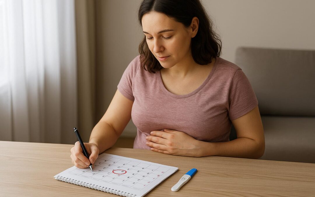 Mujer embarazada con prueba positiva revisando un calendario marcado para calcular el día exacto de la concepción