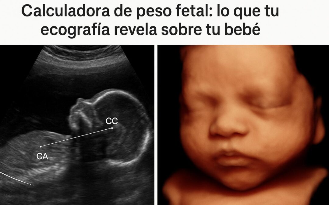 Comparación visual de una ecografía 2D con líneas de medición y una ecografía 3D hiperrealista del bebé para estimar el peso fetal
