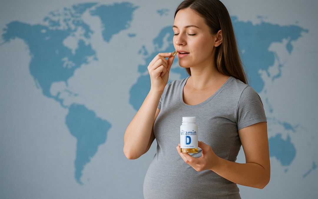 Mujer embarazada tomando suplemento de vitamina D con un mapa mundial difuminado de fondo