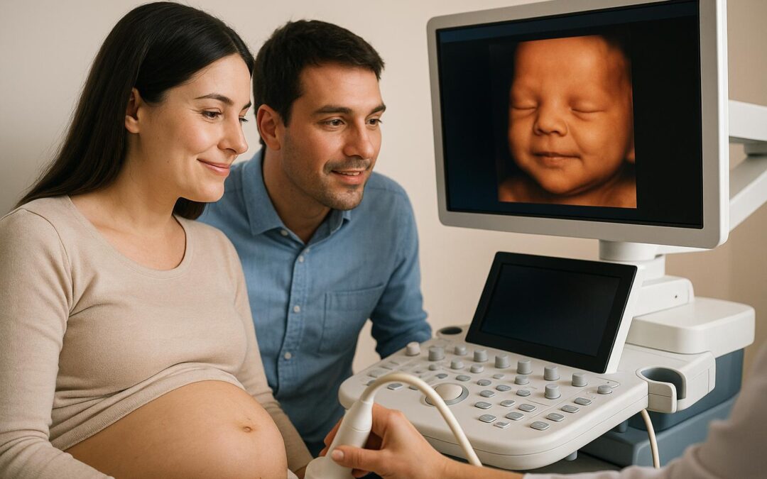 Pareja observando una ecografía emocional en Quito con el rostro hiperrealista del bebé en pantalla