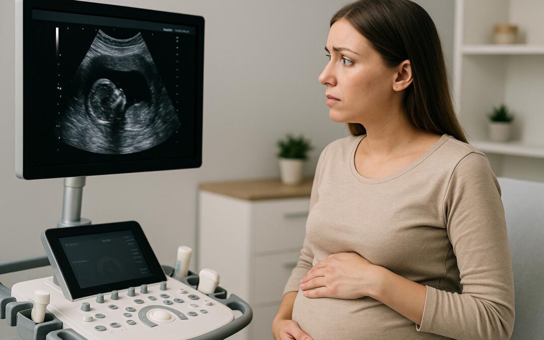 Mujer embarazada observando la pantalla de un ecógrafo donde no se distingue claramente al bebé