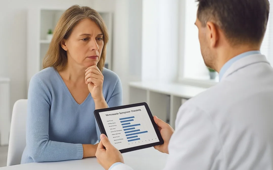 Mujer de mediana edad conversando con su médico sobre síntomas de la menopausia usando la Escala de Greene