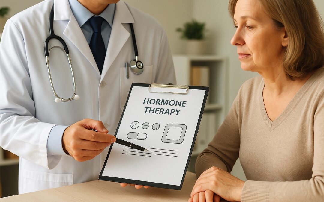 Médico hombre explicando opciones de terapia hormonal a una mujer en consulta sobre la menopausia