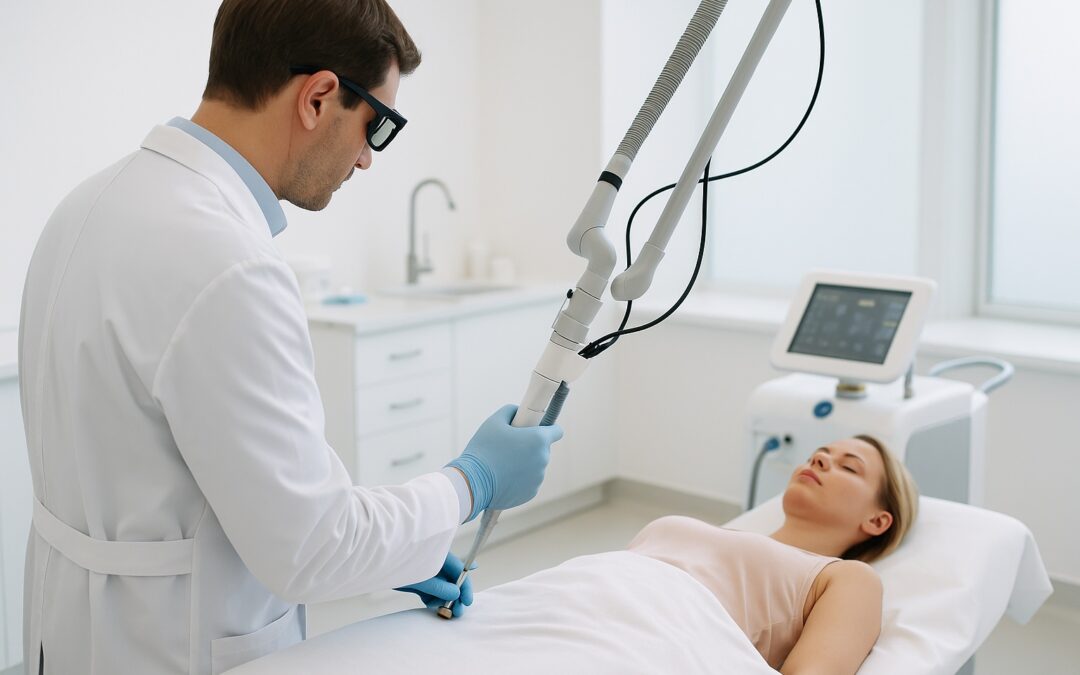Médico aplicando láser ginecológico a una paciente recostada en consultorio moderno, sin mostrar el rostro