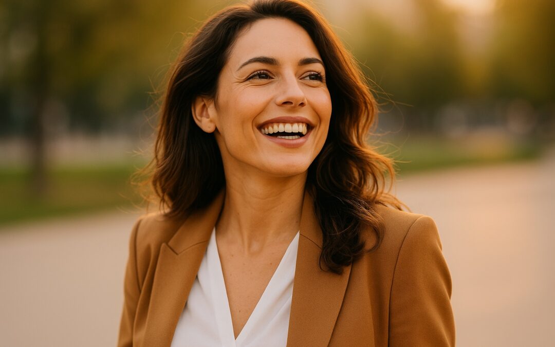 Mujer sonriente al aire libre transmitiendo confianza y bienestar tras un tratamiento con láser ginecológico