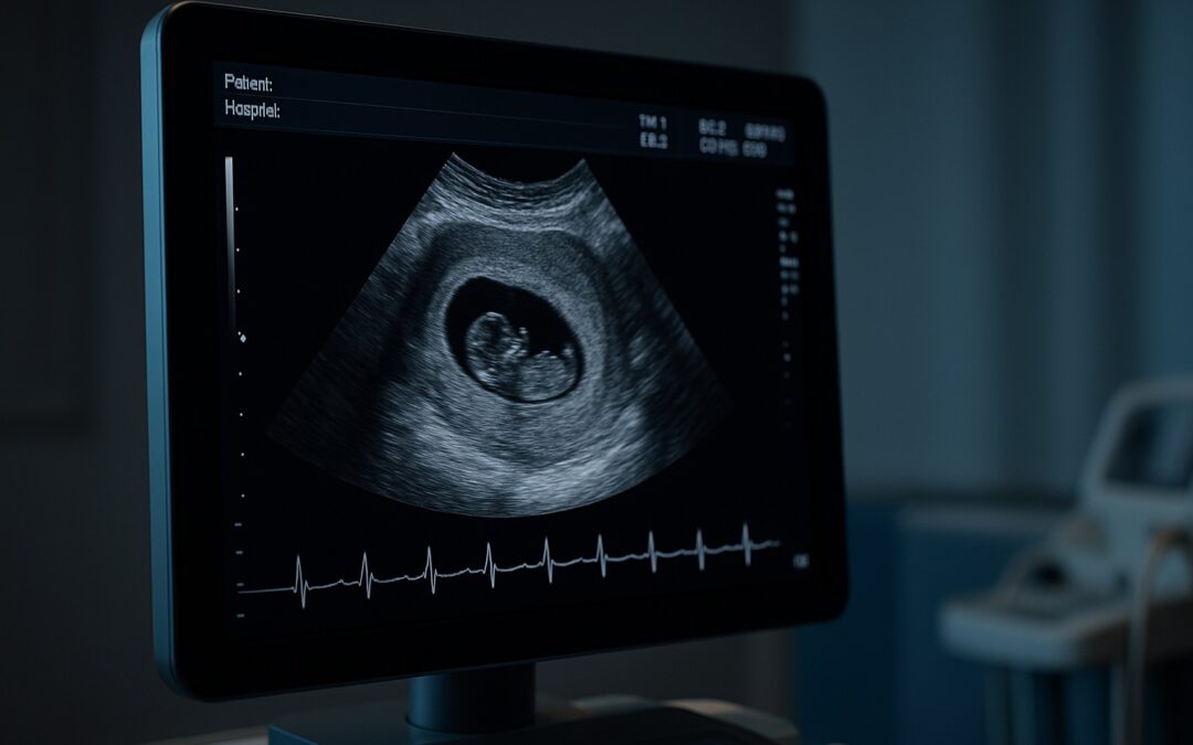 Ecografía obstétrica que muestra un pequeño embrión con su primer latido cardíaco visible en la pantalla