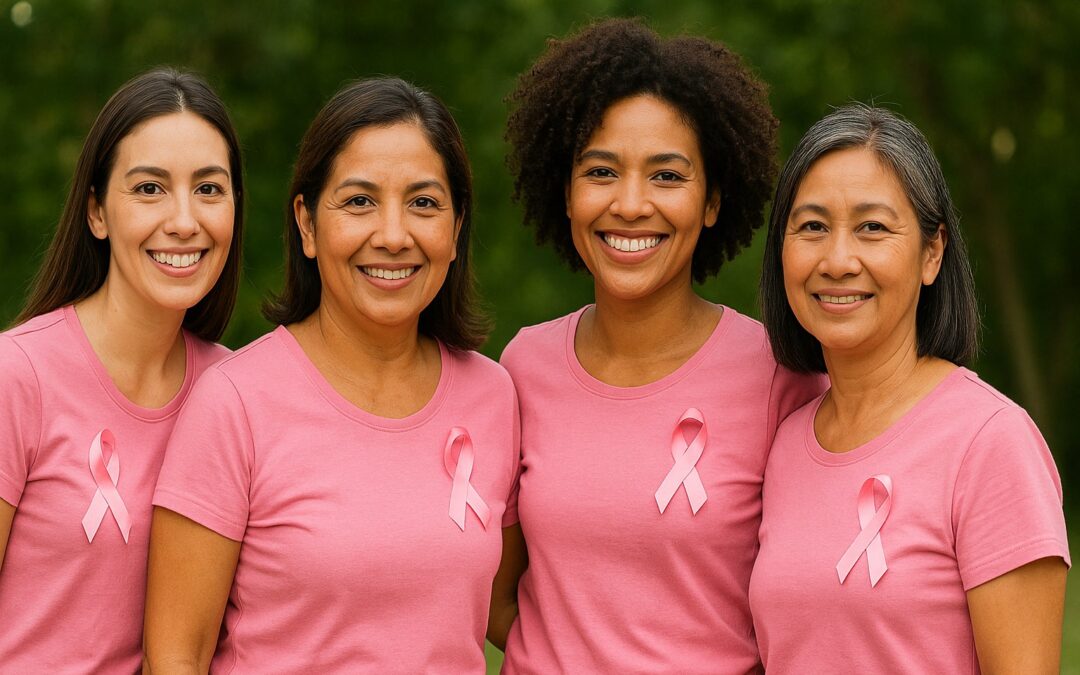 Grupo de mujeres latinas de diferentes edades con camisetas rosas y lazo rosa, representando la prevención del cáncer de mama y cuello uterino en Octubre Rosa.