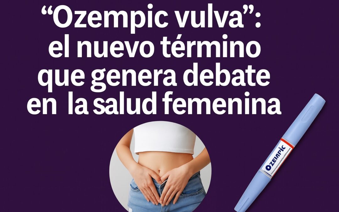 Imagen informativa sobre el término Ozempic vulva con una mujer señalando su abdomen y una pluma de Ozempic sobre fondo morado