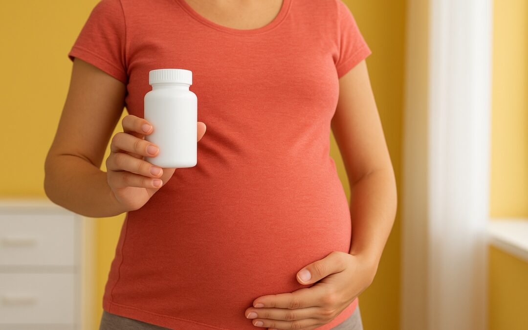 Mujer embarazada con camiseta color coral, mano en el vientre y frasco neutro de pastillas, fondo amarillo en consultorio médico.