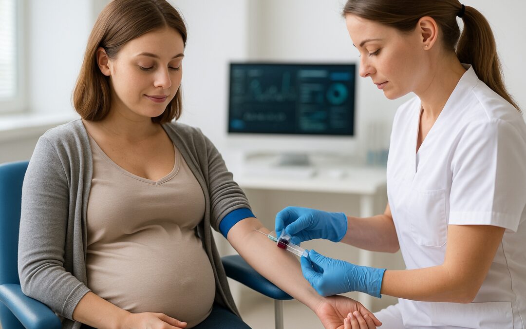 Mujer embarazada durante una extracción de sangre para detectar riesgo de preeclampsia en etapas tempranas