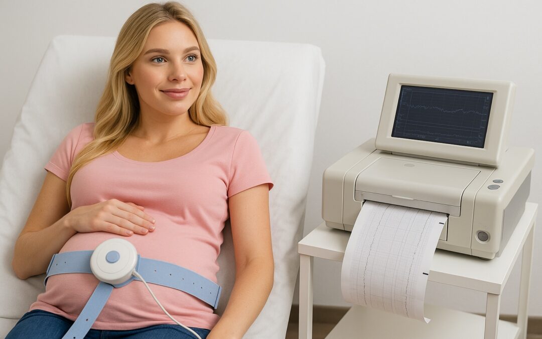 Mujer embarazada rubia recostada en camilla con cinturón de monitor fetal electrónico en el abdomen y equipo registrando frecuencia cardiaca del bebé.
