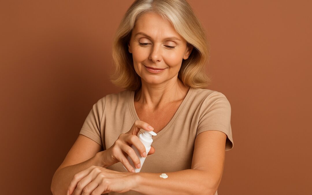 Mujer madura aplicándose testosterona en crema en el antebrazo como opción de tratamiento para la menopausia, bajo atención del Dr. Denis Sánchez en Quito