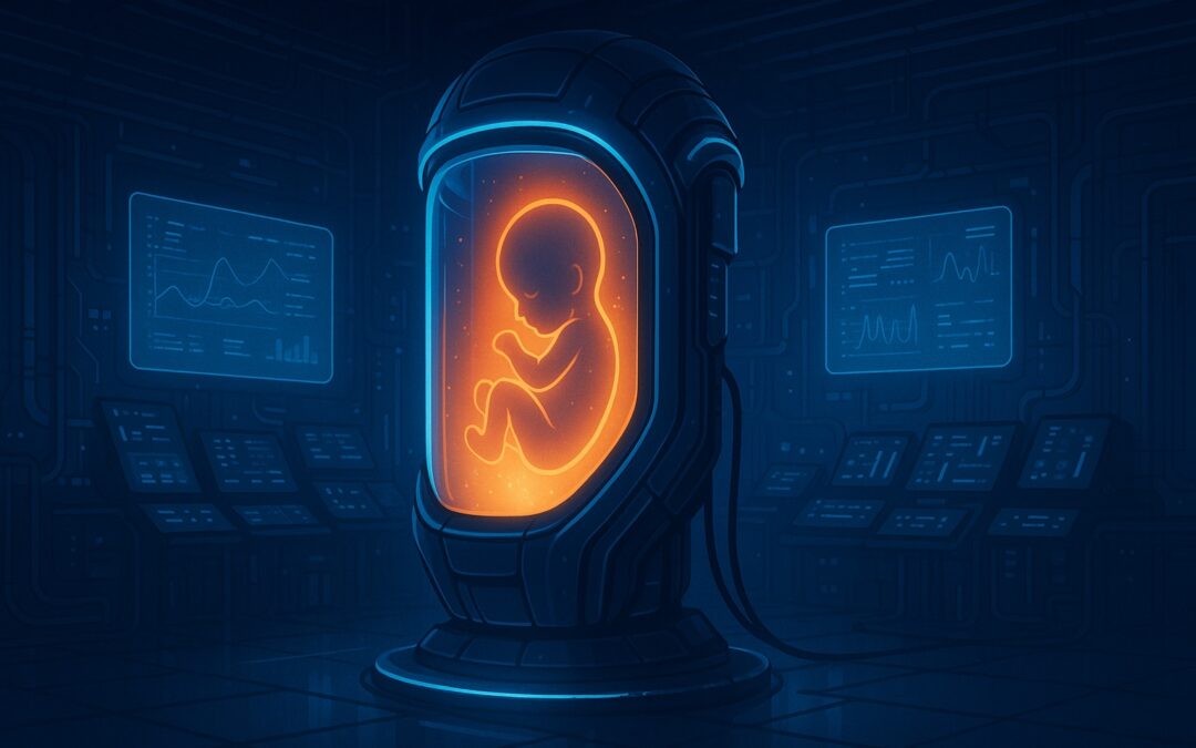 Imagen futurista de una cápsula tecnológica iluminada que representa el concepto de útero artificial.