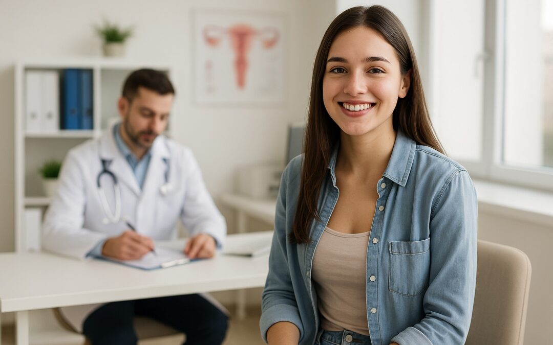 Joven sonriente en consultorio médico durante un chequeo ginecológico de rutina en Quito