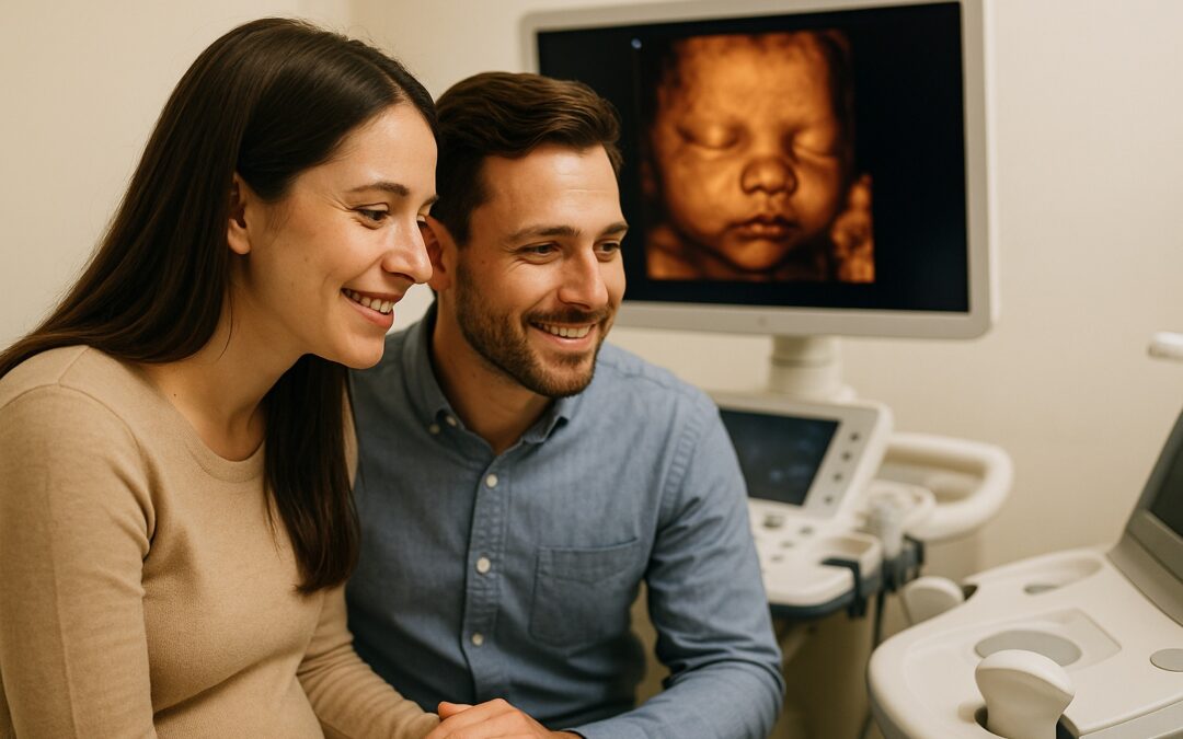 Pareja emocionada observando la ecografía 4D hiperrealista de su bebé en un consultorio en Quito