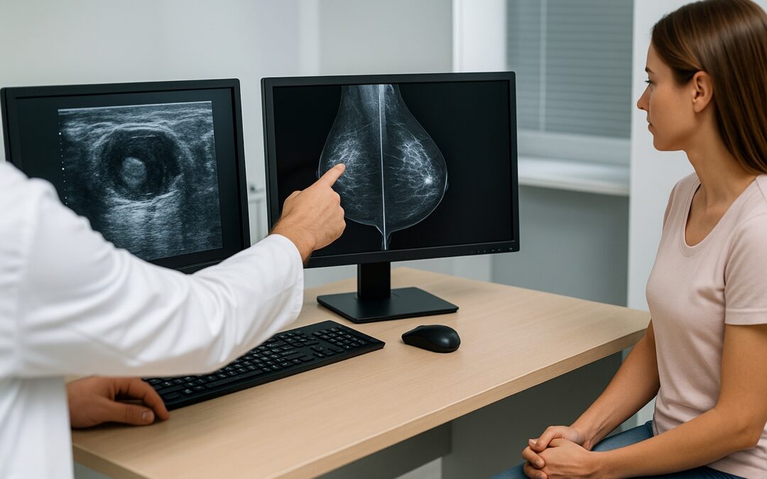 Profesional de la salud mostrando imágenes de ecografía y mamografía en monitores para explicar las diferencias entre ambos estudios mamarios en clínica moderna en Quito