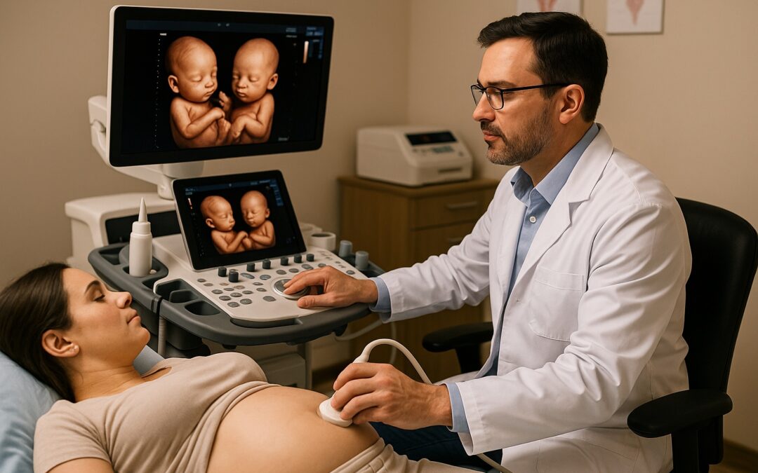 Ginecólogo realizando ecografía 3D a paciente embarazada de gemelos, con monitor mostrando imágenes fetales hiperrealistas en consultorio moderno en Quito