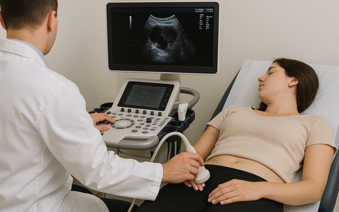 Médico ginecólogo realizando ecografía transvaginal de alta definición sin mostrar su rostro, con monitor mostrando imágenes uterinas detalladas en consultorio moderno en Quito