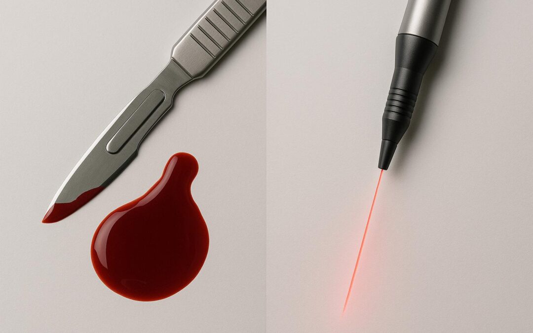 Imagen comparativa que muestra un bisturí con sangre frente a un dispositivo láser moderno, simbolizando la diferencia entre la labioplastia tradicional y la labioplastia con láser.