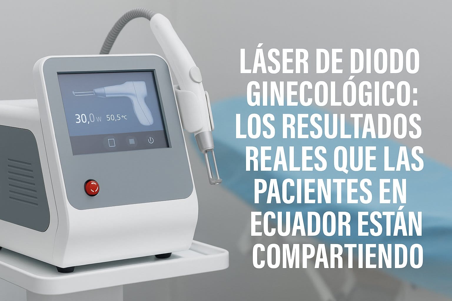 Equipo médico de láser de diodo ginecológico utilizado en Ecuador para tratamientos íntimos femeninos, mostrando pantalla táctil y aplicador en entorno clínico profesional.