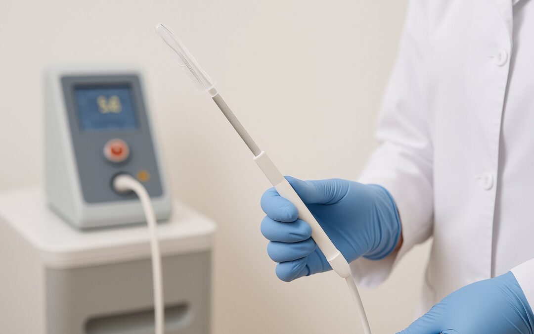 Mano con guante médico preparando una sonda de láser endovaginal en un consultorio ginecológico moderno, con equipo láser visible, procedimiento no invasivo realizado por el Dr. Denis Sánchez en Quito.