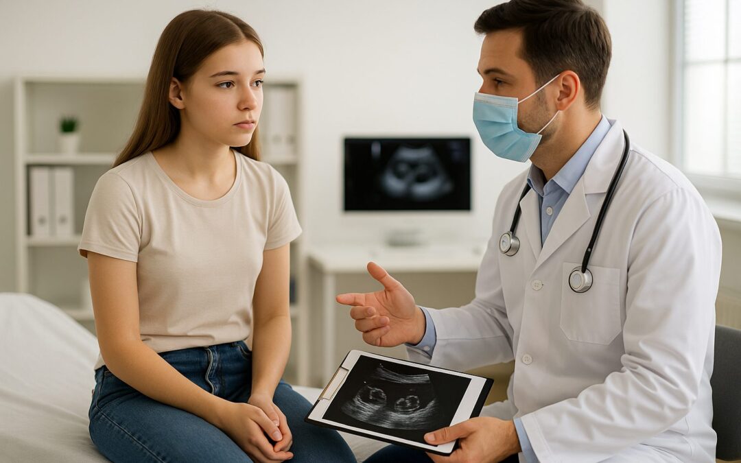 Adolescente en consulta ginecológica con médico explicando resultados de ecografía ovárica