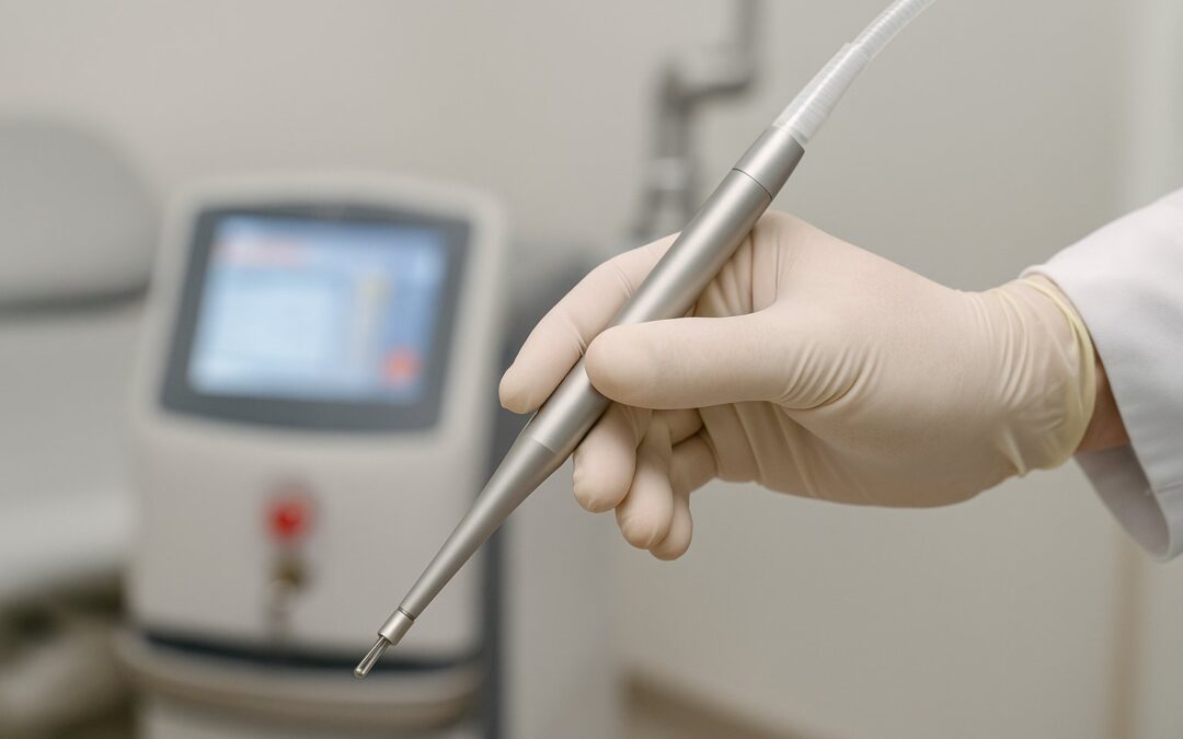 Mano con guante médico sosteniendo una sonda láser ginecológica en consultorio moderno, procedimiento de ninfoplastia con láser realizado por el Dr. Denis Sánchez en Quito.