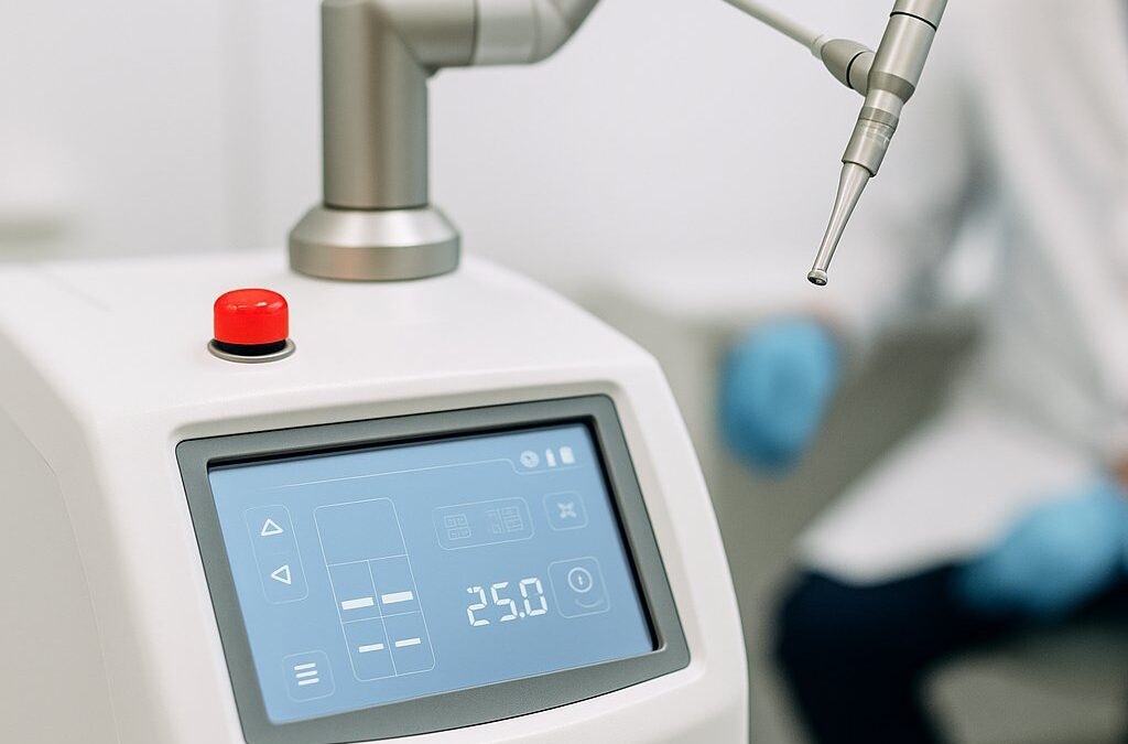 Primer plano de equipo láser ginecológico encendido en consultorio médico moderno, utilizado para tratamientos de rejuvenecimiento íntimo, tensado vaginal y ninfoplastia con precisión avanzada en Quito.