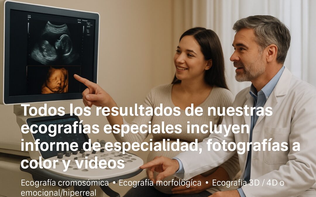 Paciente embarazada observa con el Dr. Denis Sánchez una ecografía 4D en el consultorio de Quito; todos los resultados incluyen informe médico, fotos a color y videos.