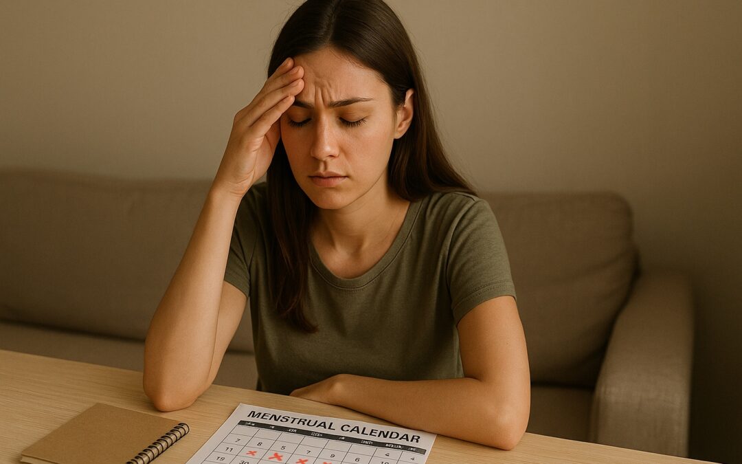 Mujer joven con expresión de cansancio observando un calendario menstrual con marcas rojas, simbolizando el impacto del estrés en el ciclo hormonal.