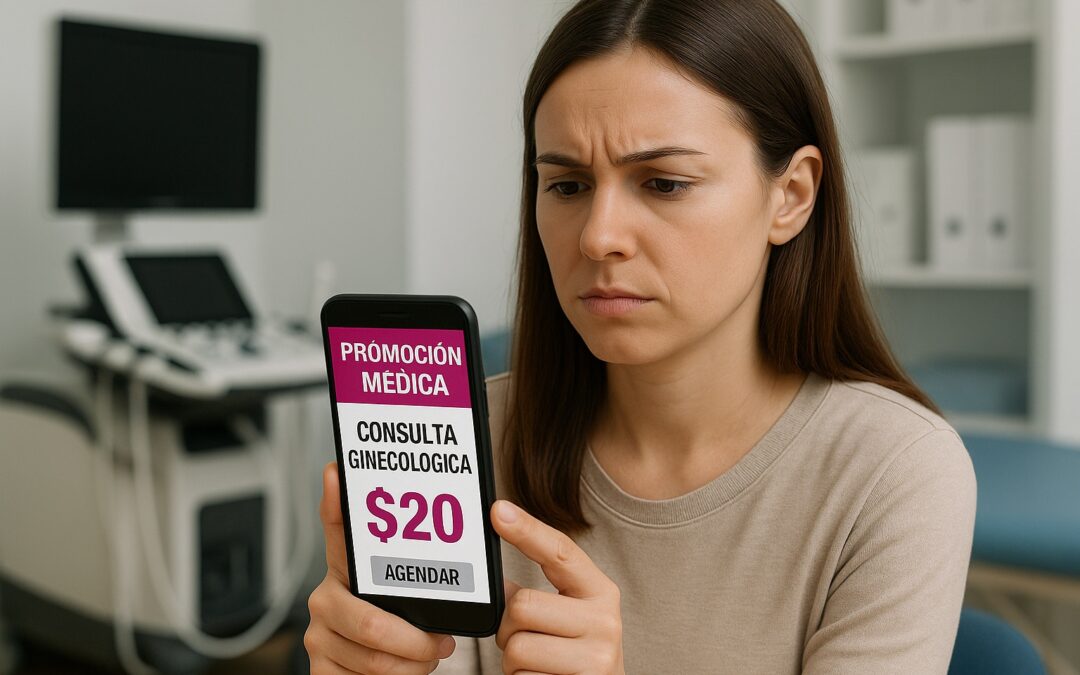 Una mujer mira con desconfianza su teléfono móvil al ver una oferta médica engañosa que anuncia una consulta ginecológica por $20, con fondo de consultorio desenfocado.
