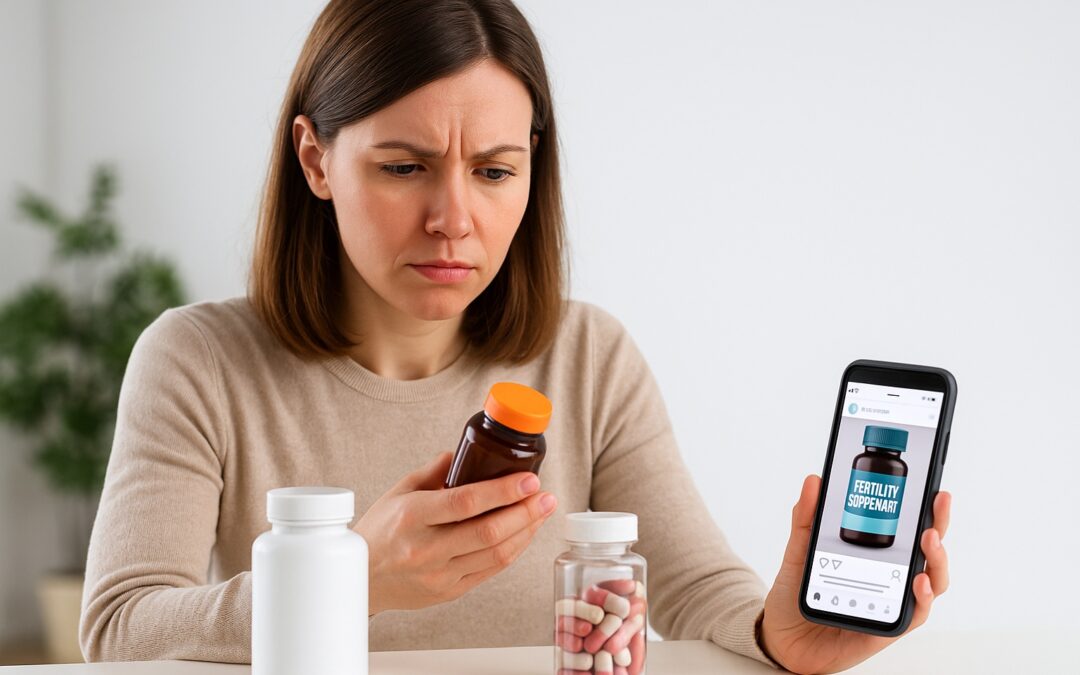 Mujer observa frascos de suplementos no regulados para mejorar la fertilidad mientras consulta información médica en su celular, advertencia del Dr. Denis Sánchez, ginecólogo en Quito.