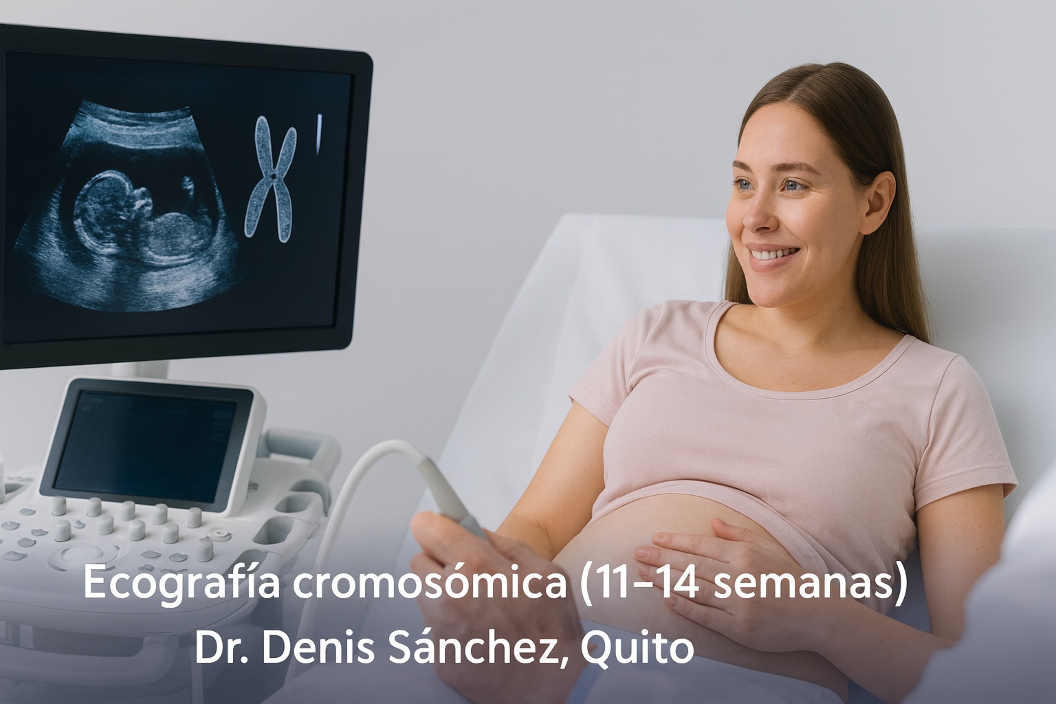 Mujer embarazada caucásica en el primer trimestre, sonriendo durante una ecografía cromosómica en Quito; monitor ampliado muestra al embrión y la medición de translucencia nucal, realizada por el Dr. Denis Sánchez