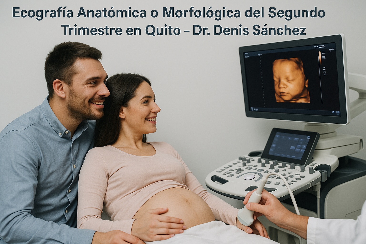 Ecografía anatómica o morfológica del segundo trimestre en Quito – Dr. Denis Sánchez Pareja observa con emoción la pantalla del ecógrafo durante una ecografía anatómica o morfológica del segundo trimestre en Quito, realizada por el Dr. Denis Sánchez, ginecólogo especialista en ecografía obstétrica avanzada.