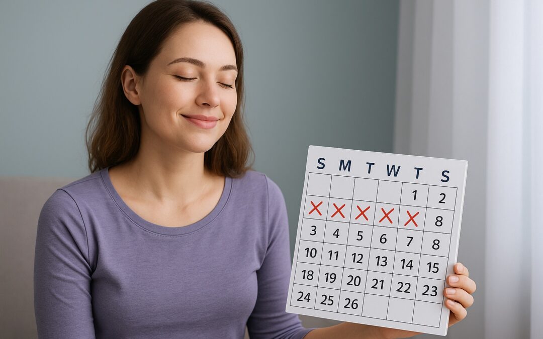 Mujer relajada y sonriente con calendario sin marcas rojas, simbolizando la ausencia de menstruación por anticonceptivos hormonales.
